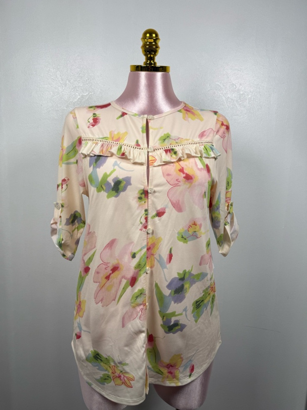 Luna Floral Blouse Size M Sheer Cream Button Front Ruffle Detail Lightweight